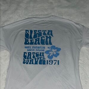 White Beach T-Shirt with Blue Graphic Print